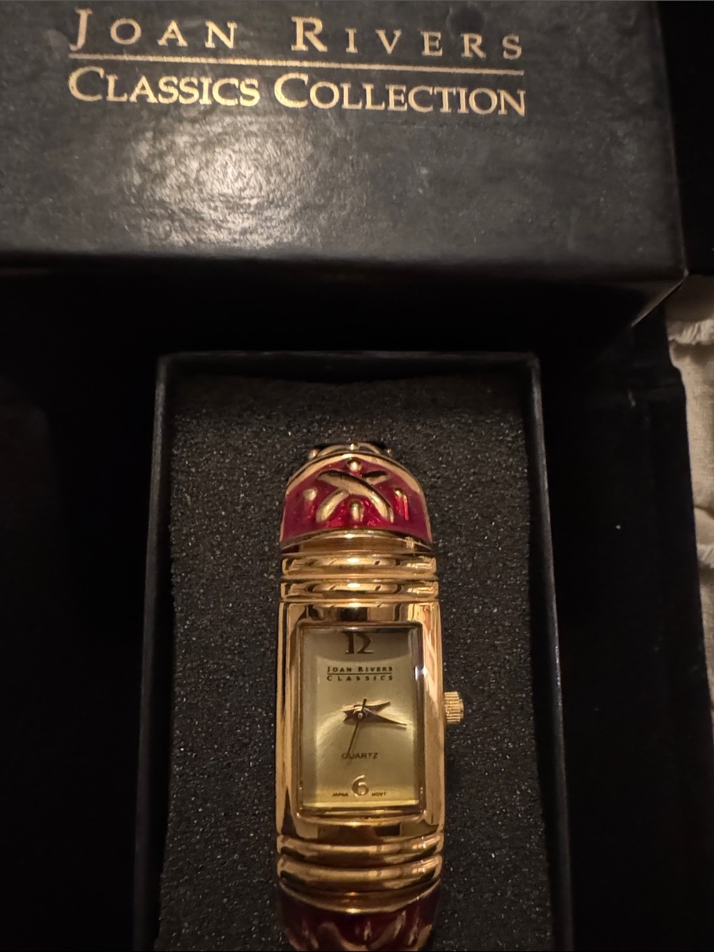 Rare Vintage Joan Rivers Gold-Tone cuff Bracelet Watch with Red Enamel Accents